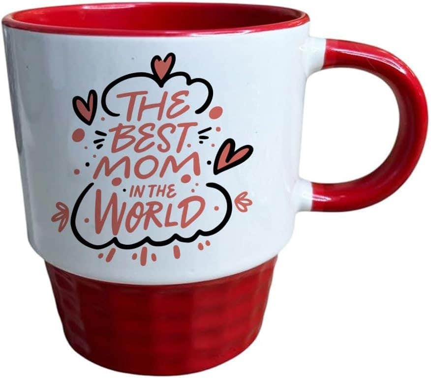 Porcelain Ribbed Mug, Double Sided Printing, The Best Mom In the world, 250 ml - White Red