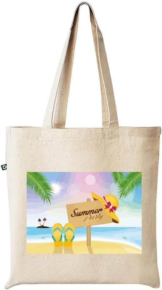 Printed Design Linen Tote Bag - Beige