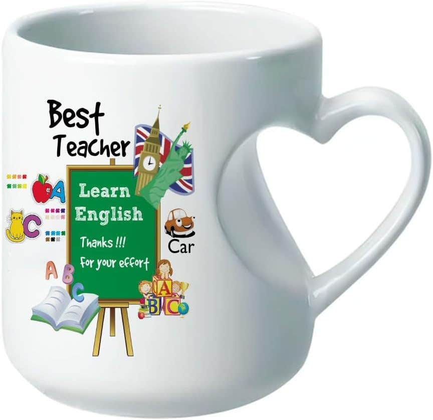 Heart Handle Porcelain Mug, Double Sided Printing, Best Teacher Learn English, 350 ml - White