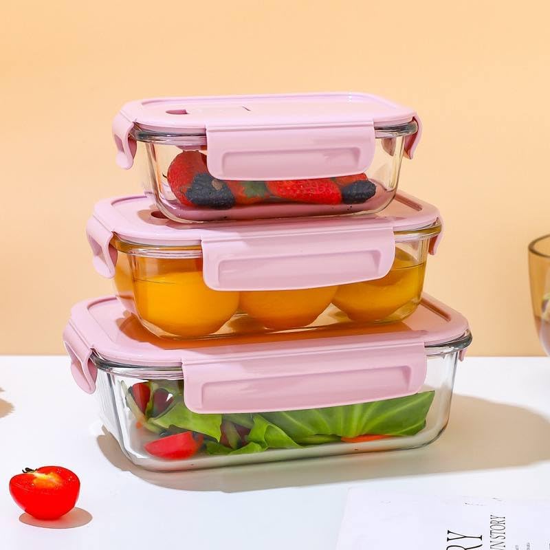 Get Glass Food Containers With Leakproof Lids , 3 Sizes - Pink with ...