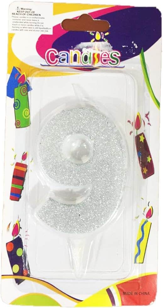 No.9 Design Glitter Birthday Candle - Silver