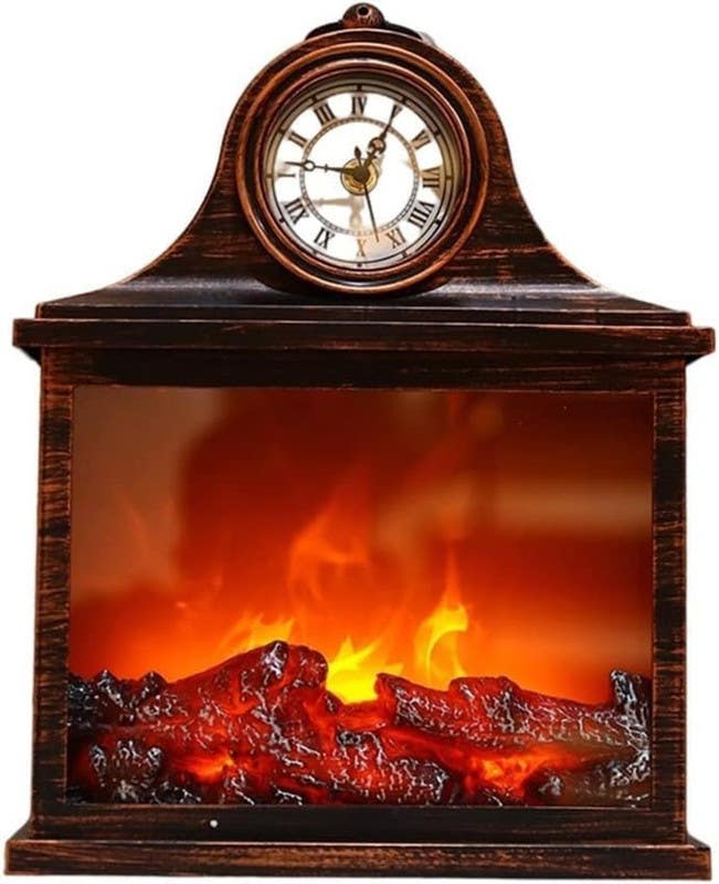 Decorative Fireplace Lantern with Built-in Clock and LED Flame Effect - Brown