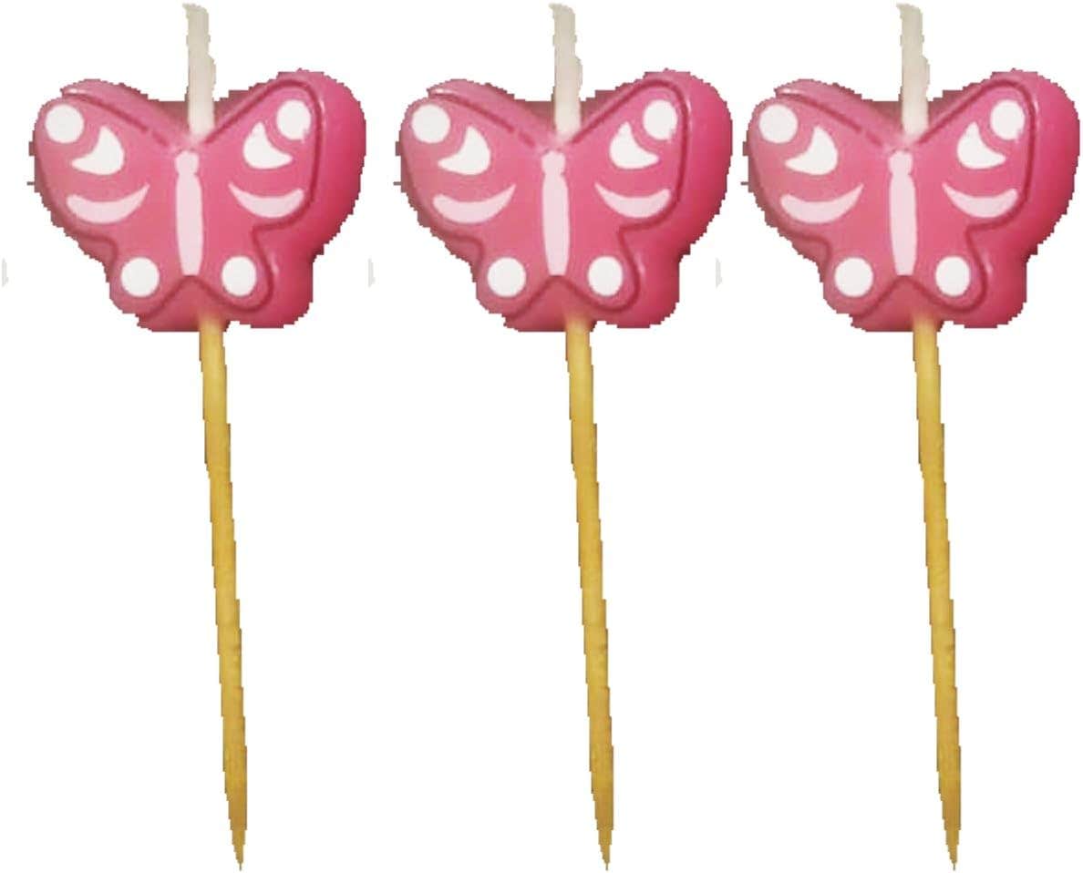 Butterfly Design Decorative Birthday Candles, 3 Pieces - Pink