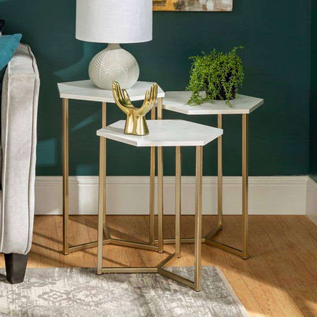 Glass & Marble Corner Table Set, 35×55 cm - Gold White