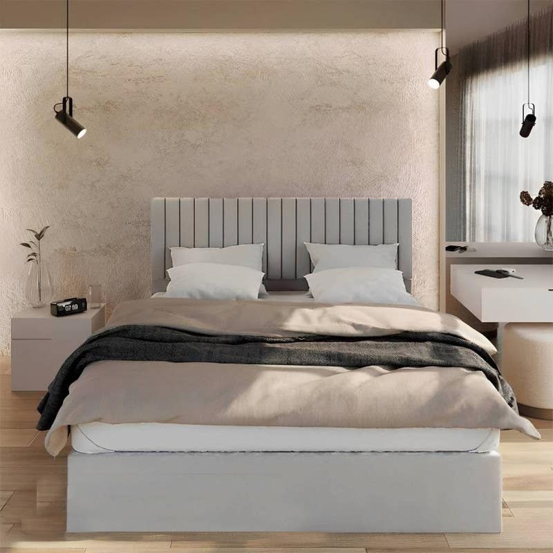 King Size Bed, Beech Wood, Velvet Fabric, 195 X 180 X 120 Cm - Grey