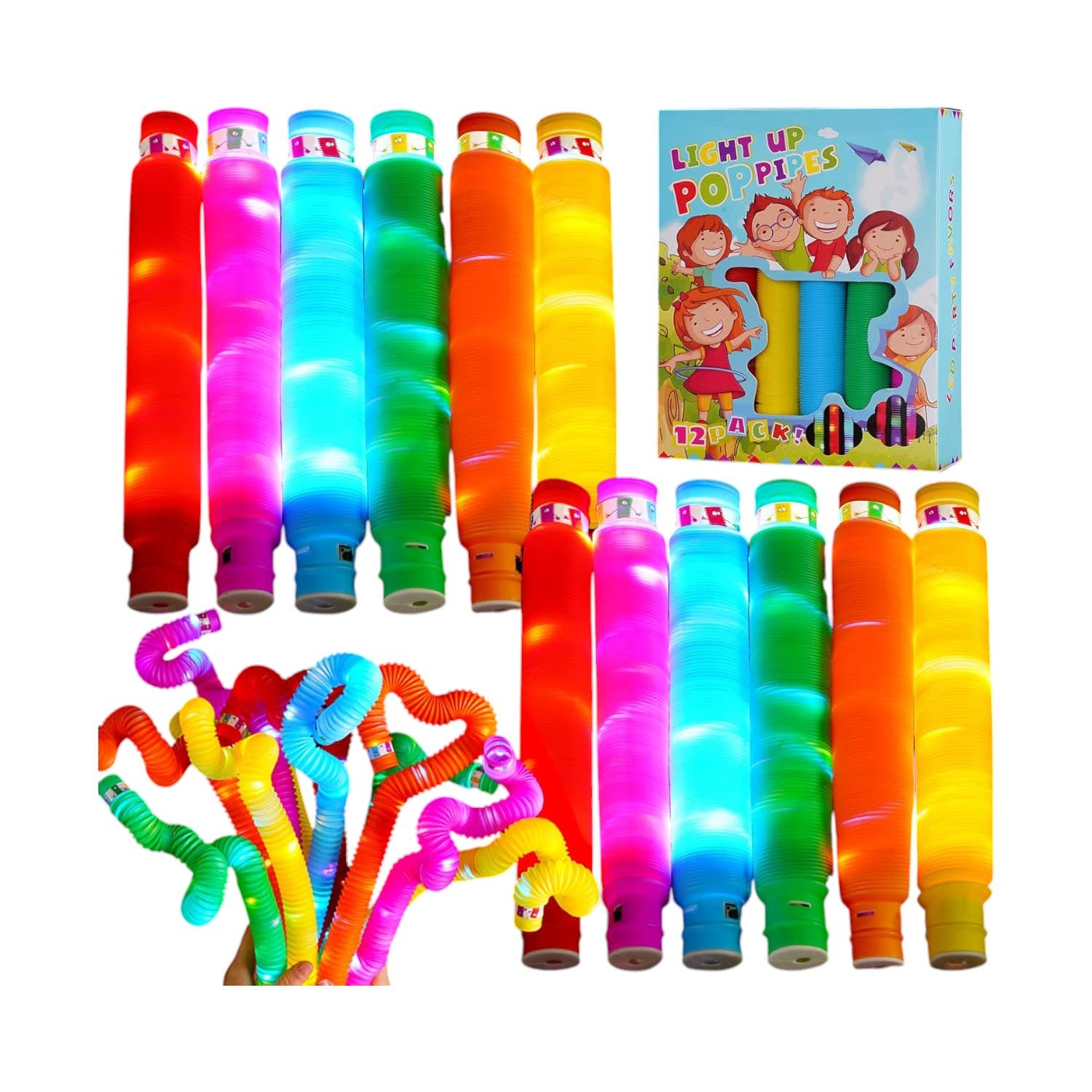 Dikayi Glow in the Dark Design Plastic LED Fidget Tubes, 12 Pieces - Multicolor