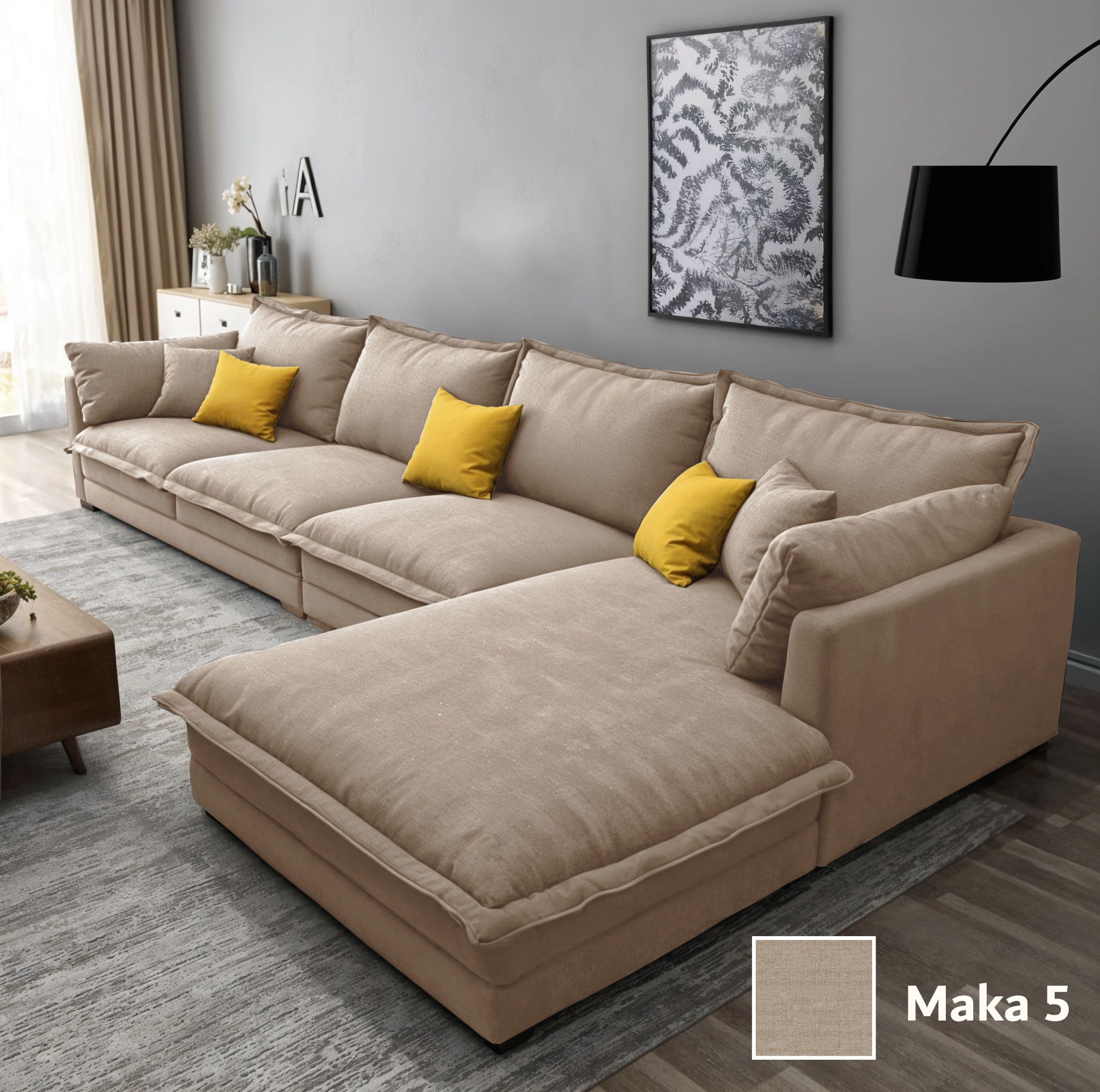 Two-piece L-shaped corner sofa, made of Mosky wood, linen fabric, 300x200x80x70 cm - Light Beige