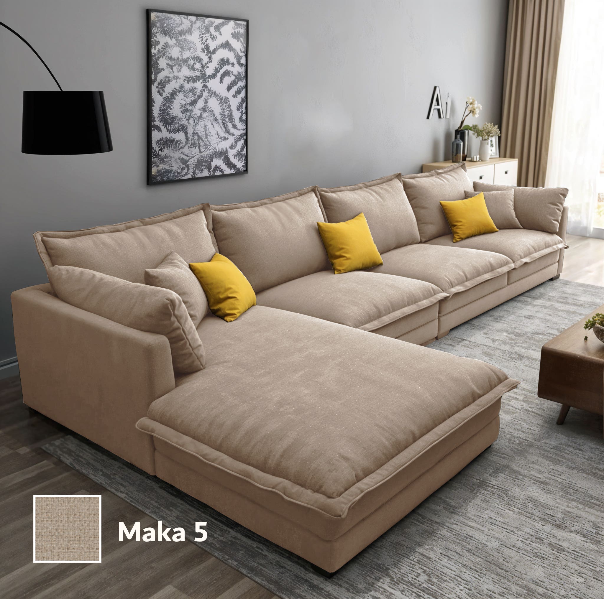 Two-piece L-shaped corner sofa, made of Mosky wood, linen fabric, 300x200x80x70 cm - Light Beige