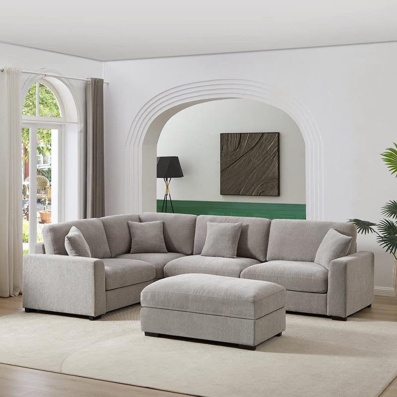 Corner sofa and pouf, beech wood, 200×250×75 cm, linen fabric - gray