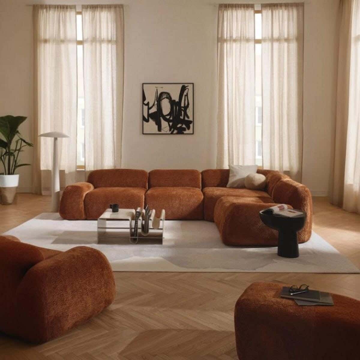 L-shaped corner sofa, beech wood, linen, 200x300x90x80 cm - brown
