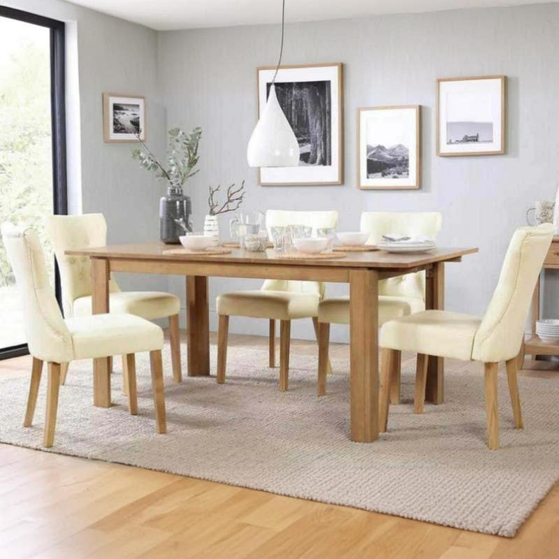 Beech Wood And Mdf Velvet Dining Room Set, 7 Pieces, 6 Chairs, Dinning Table - Light Brown Off White