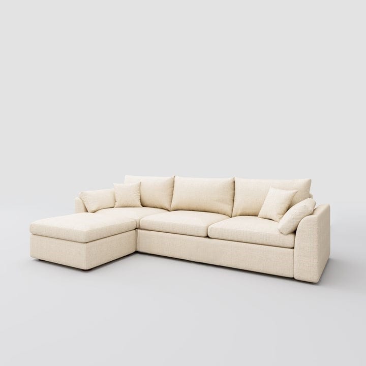 Sofa and pouf, beech wood, 150 x 240 x 60 cm - Beige