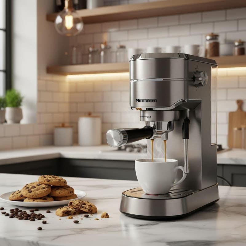 MediaTech MT-CM518 Espresso and Cappuccino Maker, 1450W, 1.25L Capacity, 20 Bar - Silver Black
