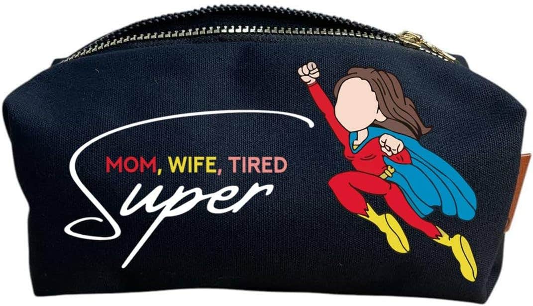Cotton Makeup Bag, One Sided Printing, Super Mom Wife Tired, 24x10 cm - Black
