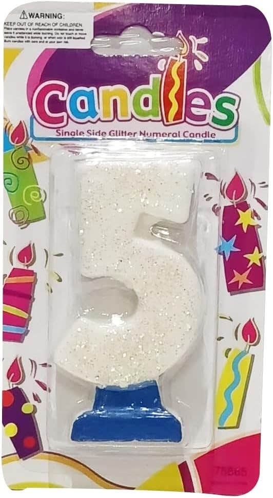 No.5 Design Glitter Birthday Candle - White