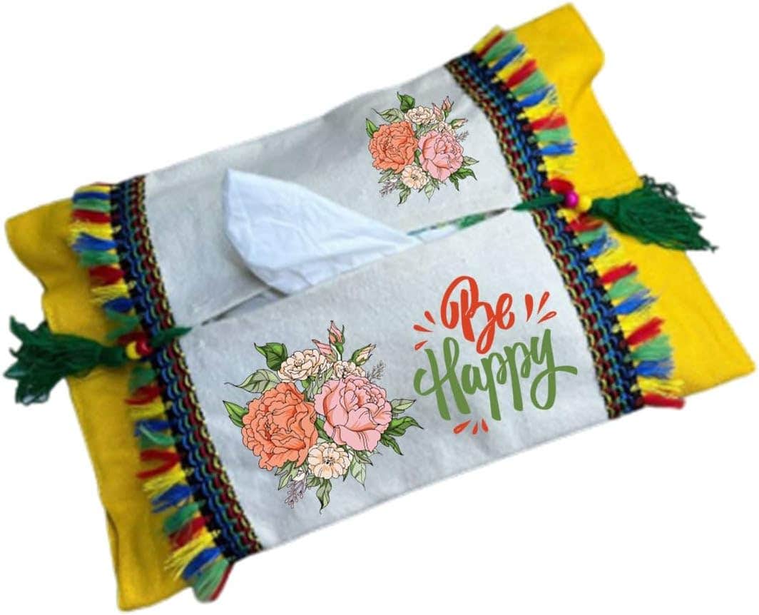 Cotton Tissue Holder, Be Happy, 22x34 cm - Off White Yellow
