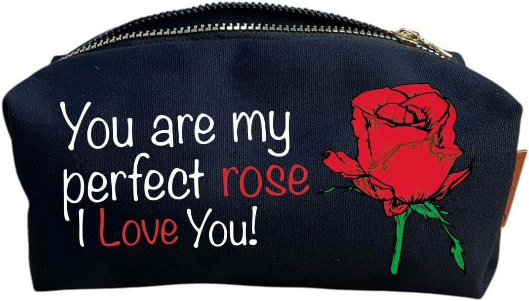 Cotton Makeup Bag, One Sided Printing, You are my perfect rose I love you, 24x10 cm - Black