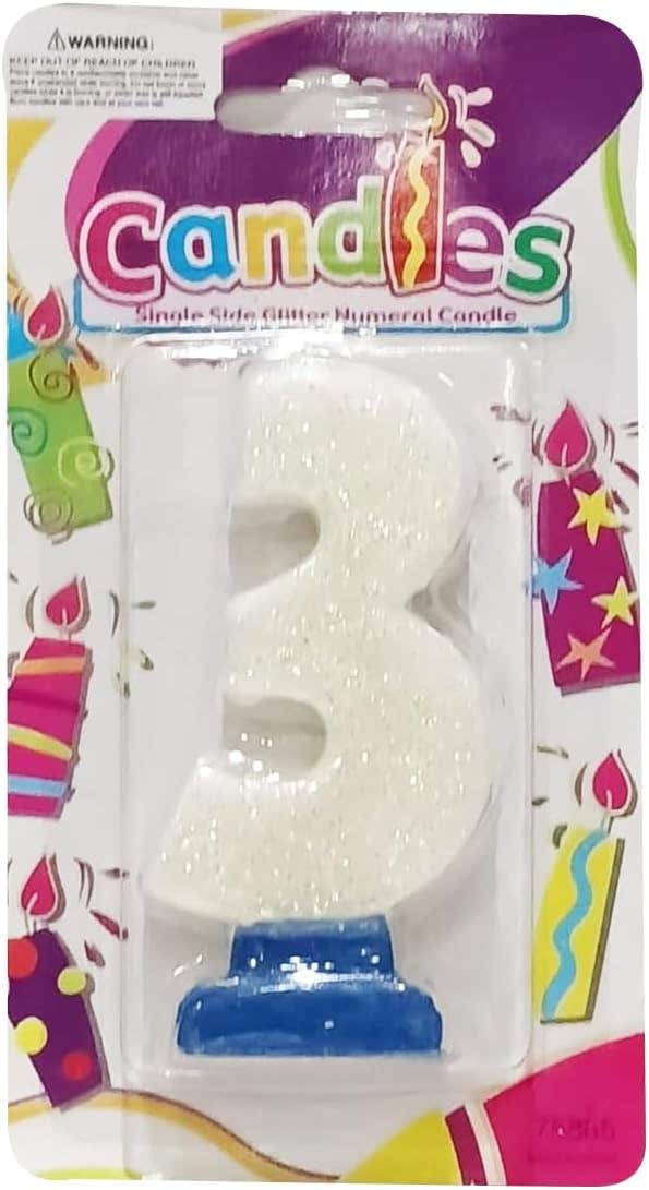 No.3 Design Glitter Birthday Candle - White