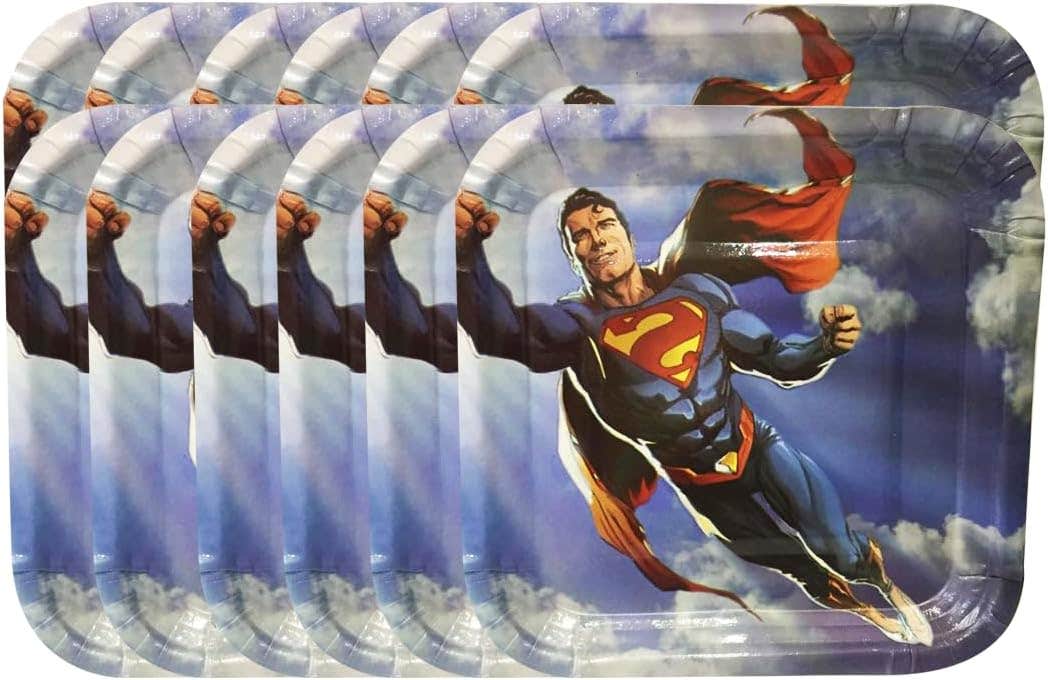 Superman Print Design Paper Birthday Party Plate, 24X24cm, 12 Pieces - Multicolor