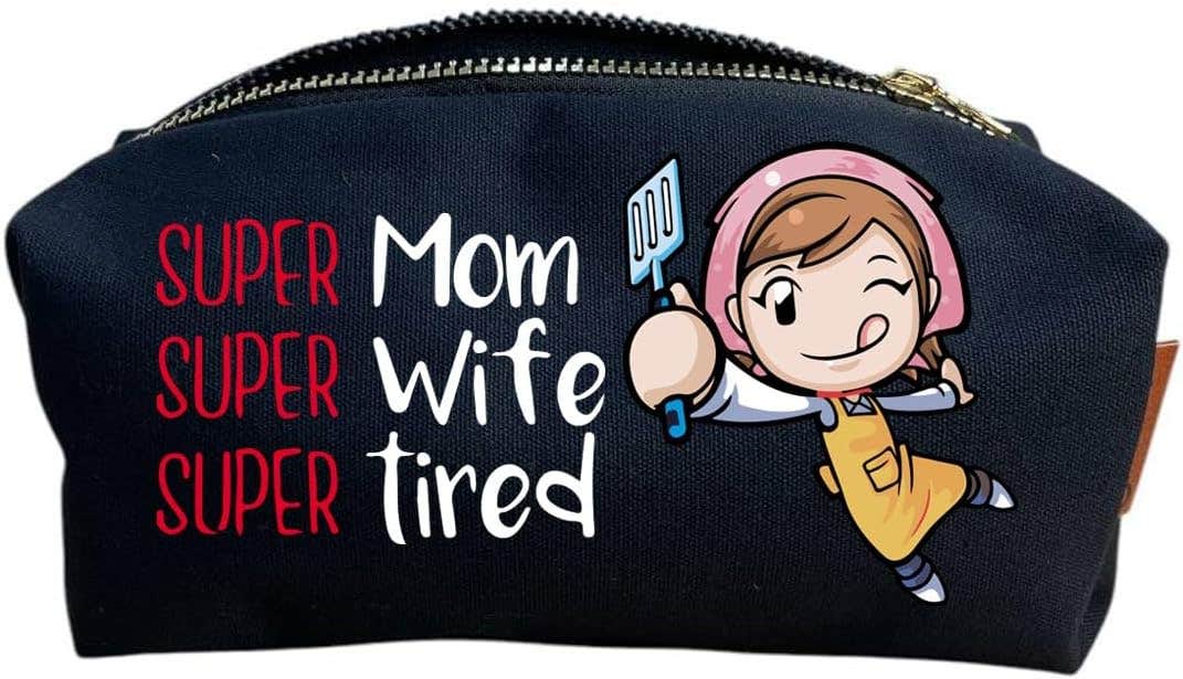 Cotton Makeup Bag, One Sided Printing, Super Mom, 24x10 cm - Black