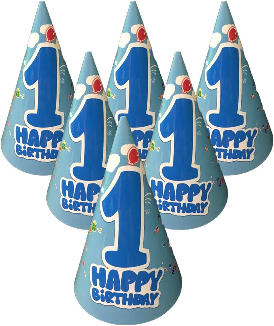 Boy Design Colorful Paper Birthday Party Hat, 6 Pieces - Blue