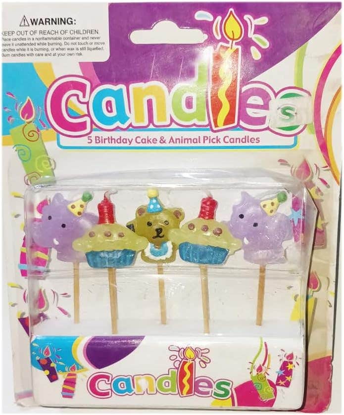 Cake and Animal Design Decorative Birthday Candles, 5 Pieces - Multicolor
