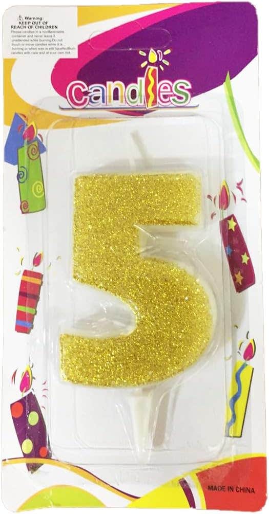 No.5 Design Glitter Birthday Candle - Gold