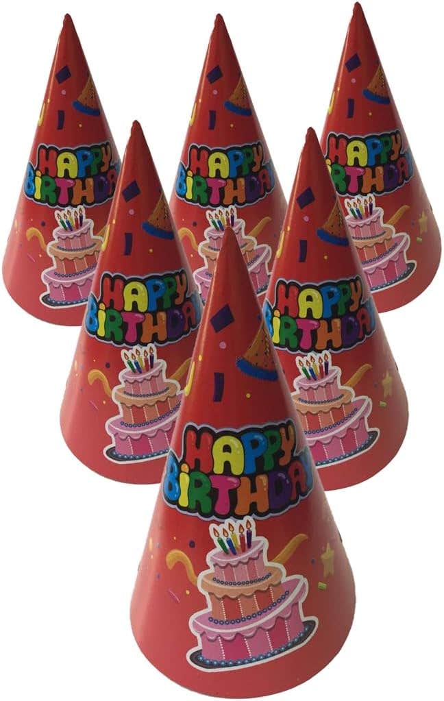Happy Birthday Design Colorful Paper Birthday Party Hat, 6 Pieces - Red