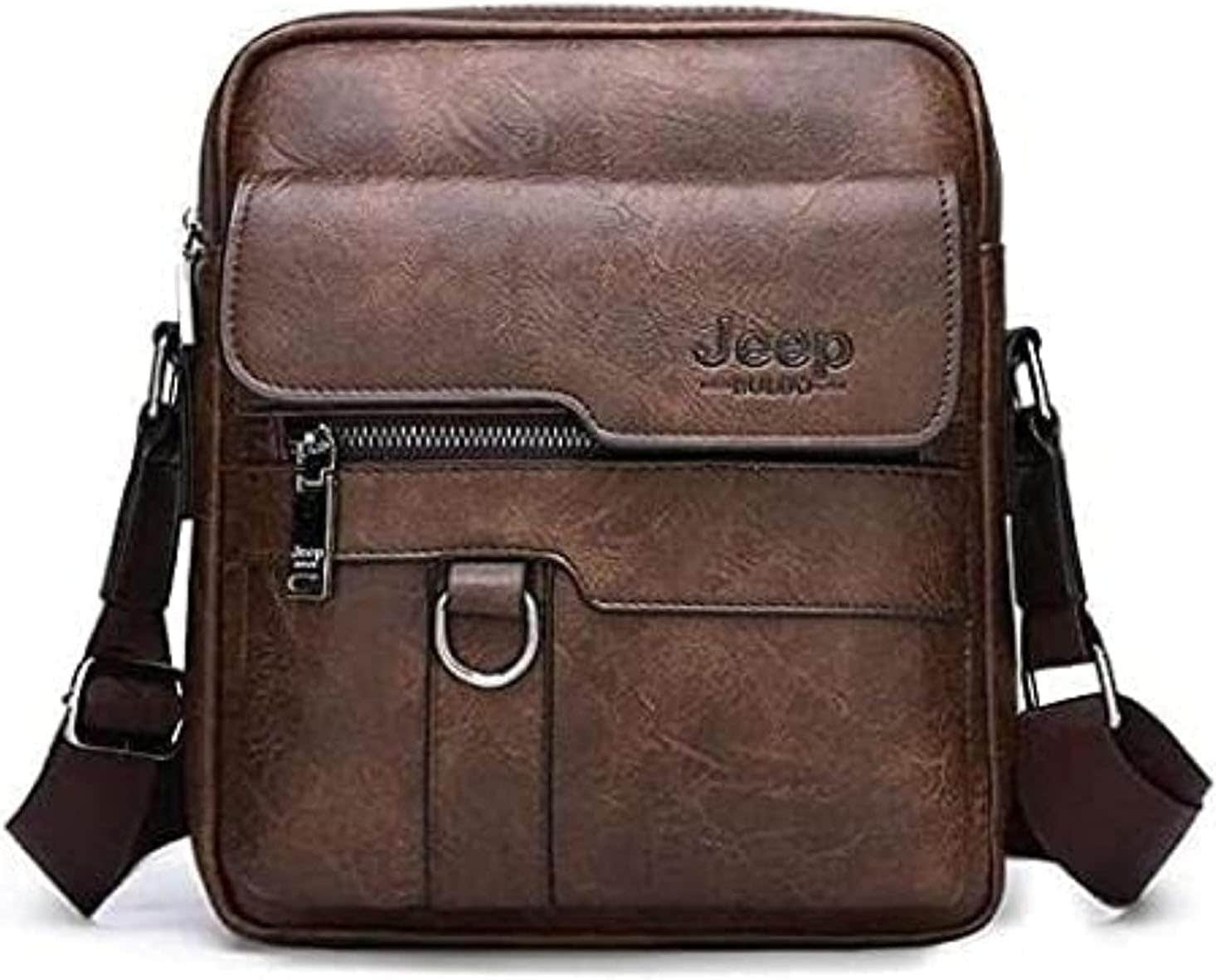 Adjustable Strap Leather Crossbody Bag - Brown