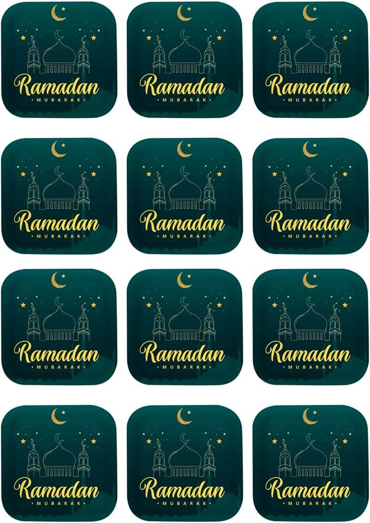 Ramadan Kareem Design Colorful Paper Birthday Party Plate, 24X24cm, 12 Pieces - Green