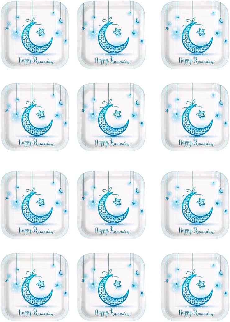 Ramadan Kareem Design Colorful Paper Birthday Party Plate, 24X24cm, 12 Pieces - White Blue