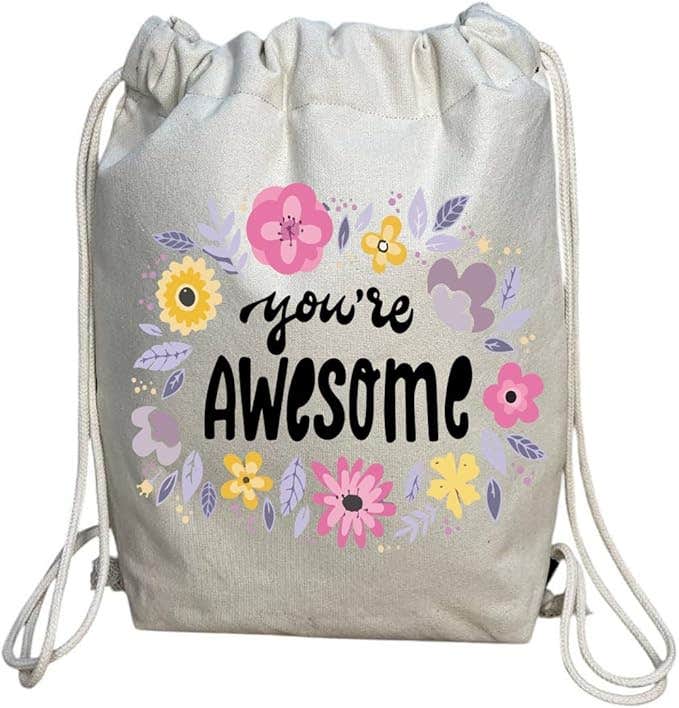 Cotton Drawstring Bag, One Sided Printing, You're awesome, 40x50 cm - Off White