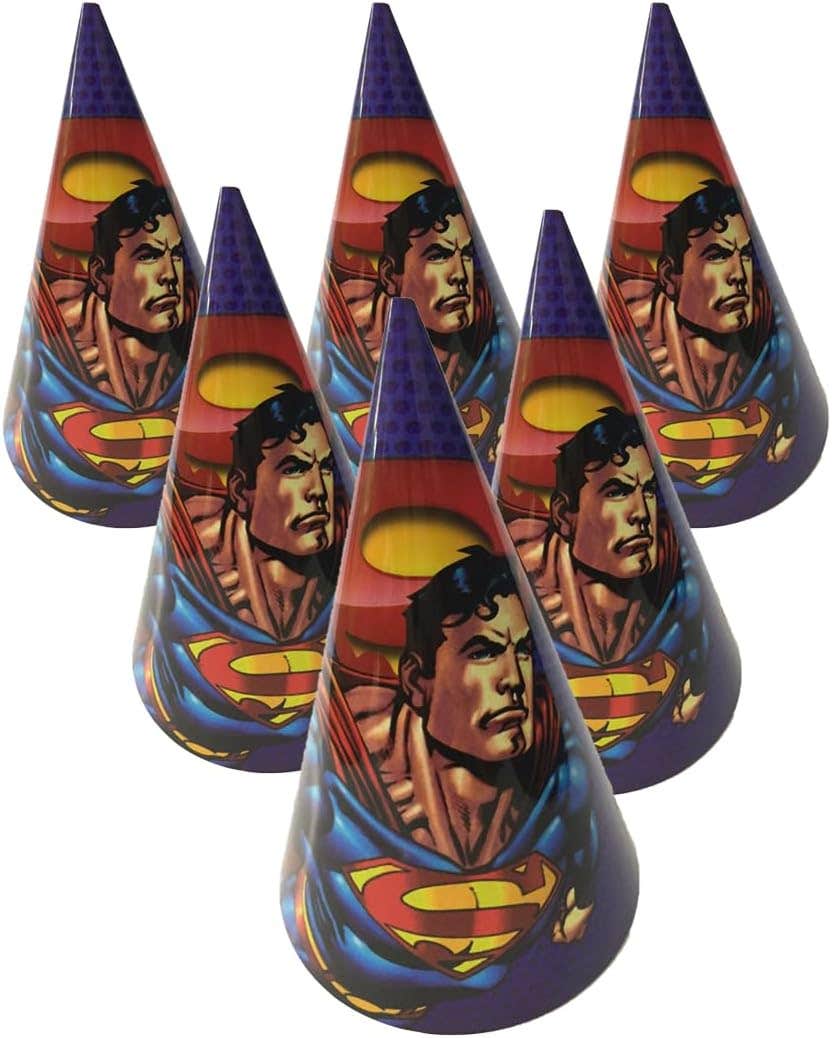 Superman Design Colorful Paper Birthday Party Hat, 6 Pieces - Multicolor