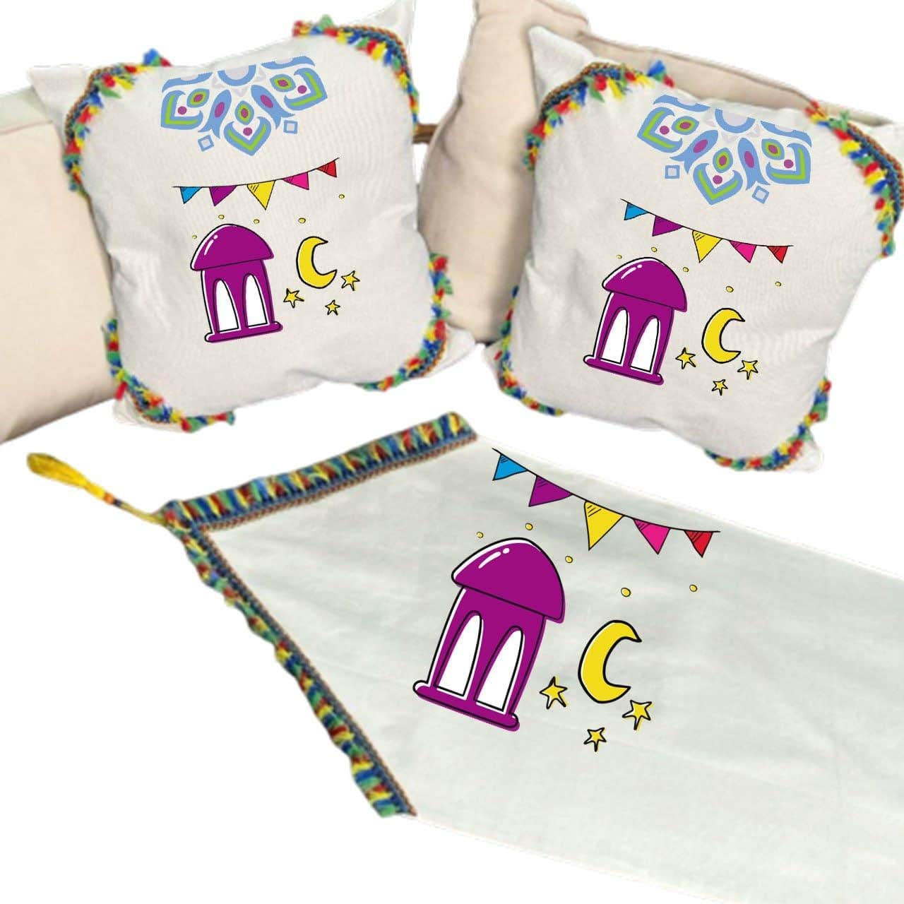 Cotton Table Runner With Cushion Cover 3 Pcs, Ramadan Design - Off White