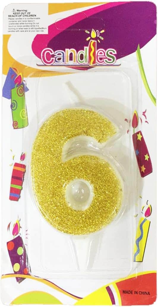 No.6 Design Glitter Birthday Candle - Gold
