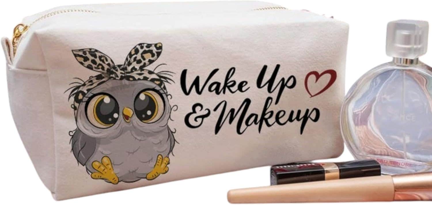 Cotton Makeup Bag, One Sided Printing, Wake up & make up, 24x10 cm - White