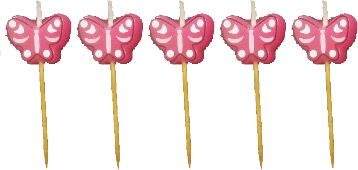 Butterfly Design Decorative Birthday Candles, 5 Pieces - Pink