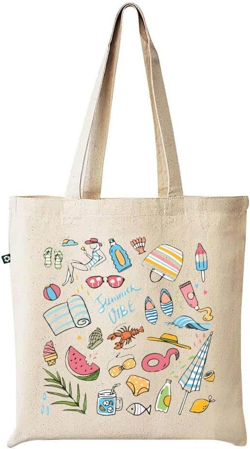 Printed Design Linen Tote Bag - Beige