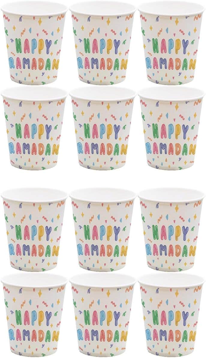 Ramadan Kareem Design Colorful Paper Ramadan Party Cup, 300Ml, 12 Pieces - Multicolor