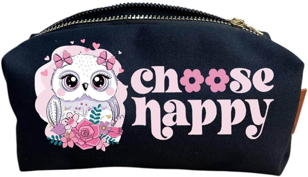 Cotton Makeup Bag, One Sided Printing, Choose Happy, 24x10 cm - Black