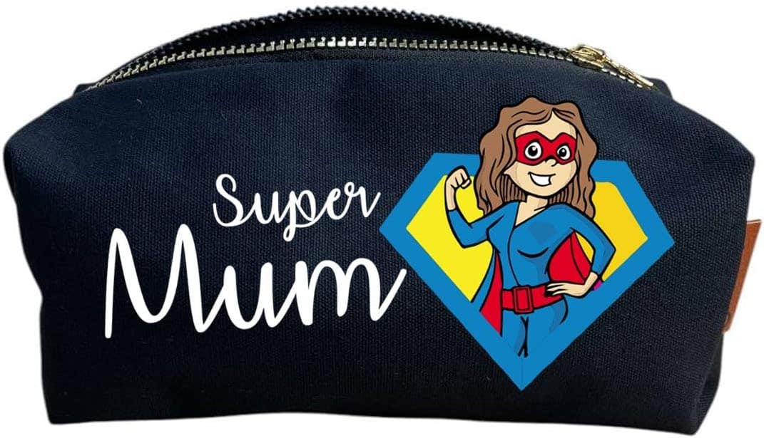 Cotton Makeup Bag, One Sided Printing, Super Mom, 24x10 cm - Black