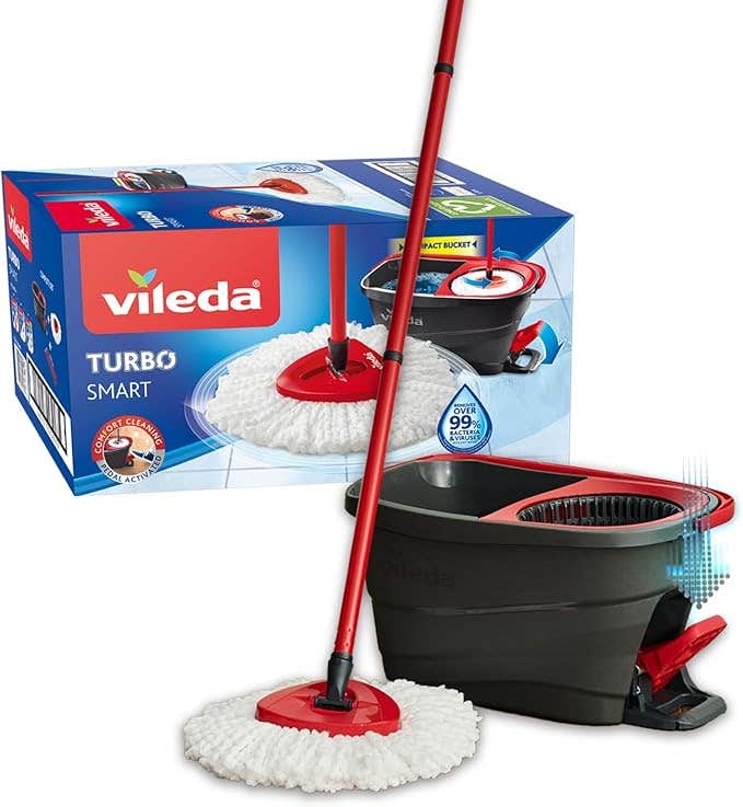 Vileda Smart Bucket Plastic Strainer, 43×25 cm, With Metal Handle and Mop Cotton Replacement - Dark Grey Red