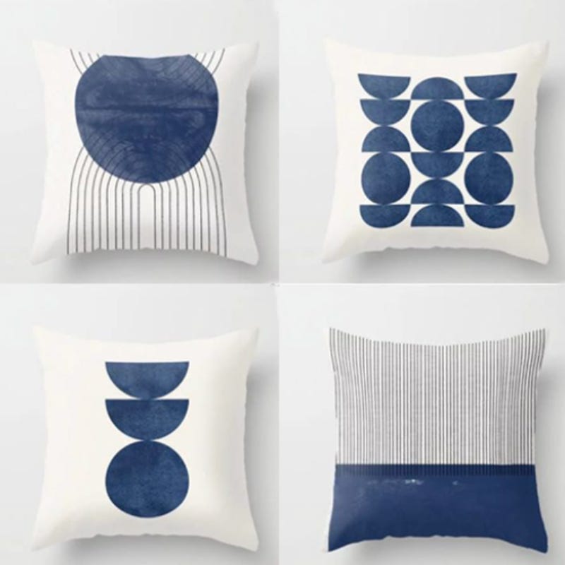 Snooz Velvet Cushion Cover Set, 4 Pieces, 40x40 cm, Blue Ocean Design - White Navy