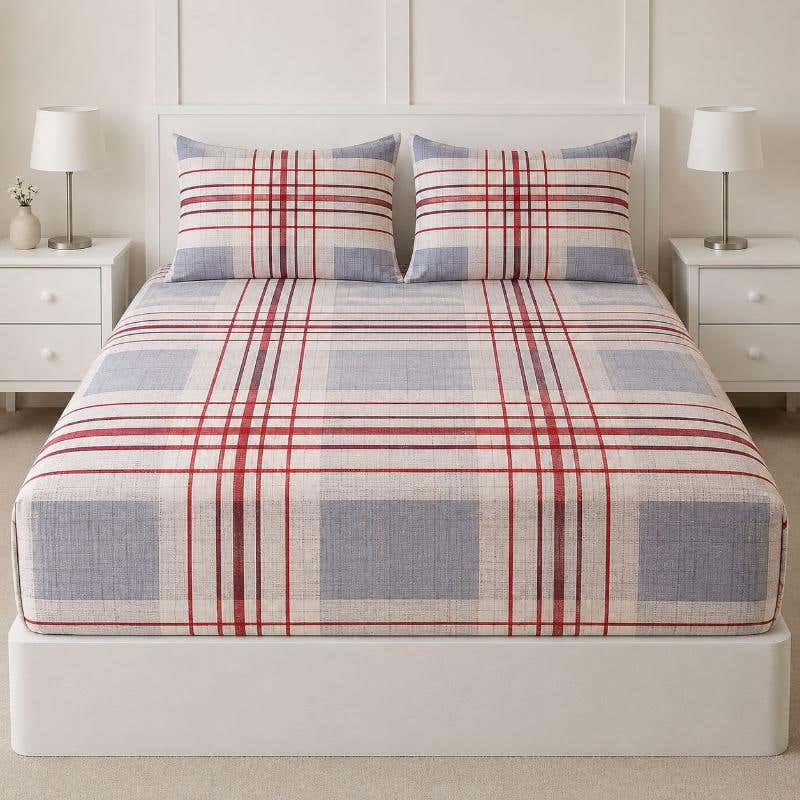 Fitted Bed Sheet Set, Cotton Blend, Snooze, 160×200 cm, 3 Pieces - Classic Design