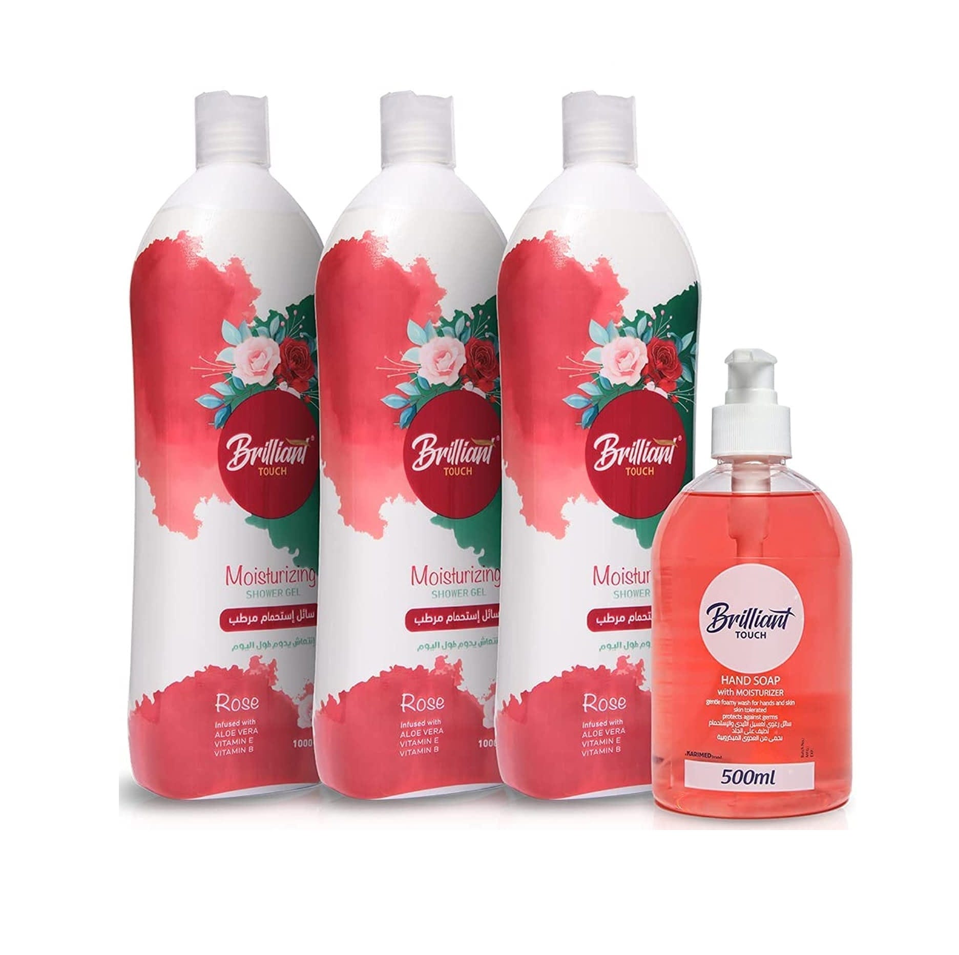 Brilliant Touch Shower Gel, Rose Scent, 1 Liter, 3 Pieces - With Hand Wash 500ML Gift