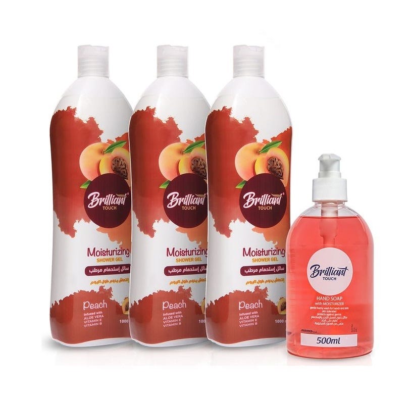Brilliant Touch Shower Gel, Peach Scent, 1 Liter, 3 Pieces - With Hand Wash 500ML Gift