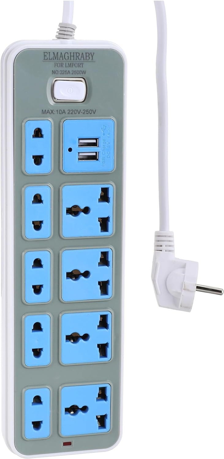 Wired Connector, 9 AC Plug and 2 USB, 2500 Watt - Blue Silver