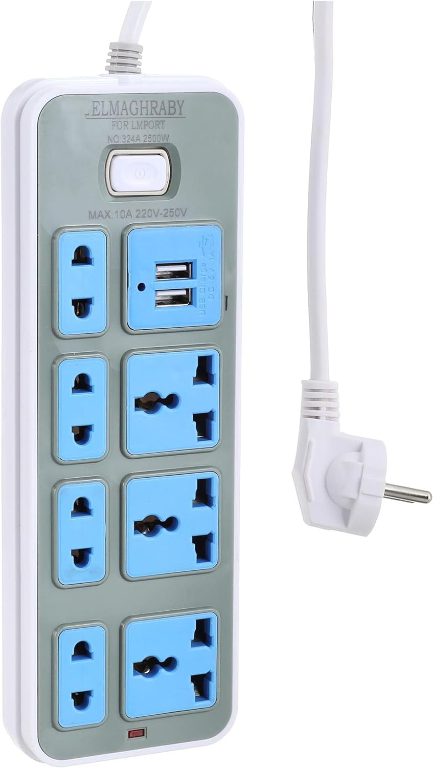 Wired Connector, 7 AC Plug and 2 USB, 2500 Watt - Blue Silver