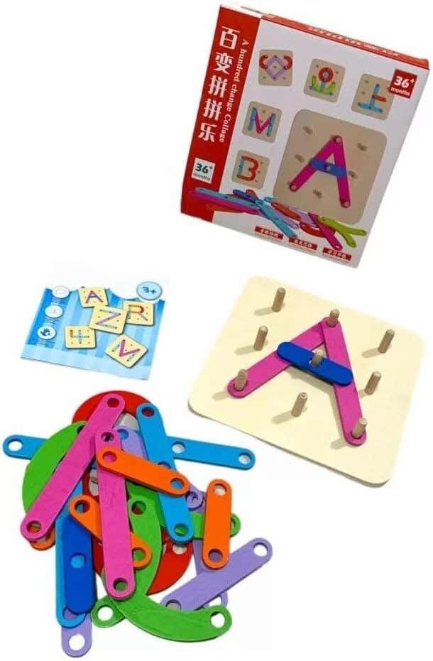 Alsafwa Wooden Letters and Numbers Building Toy, 30 Pieces with Assemble Board - Multicolor