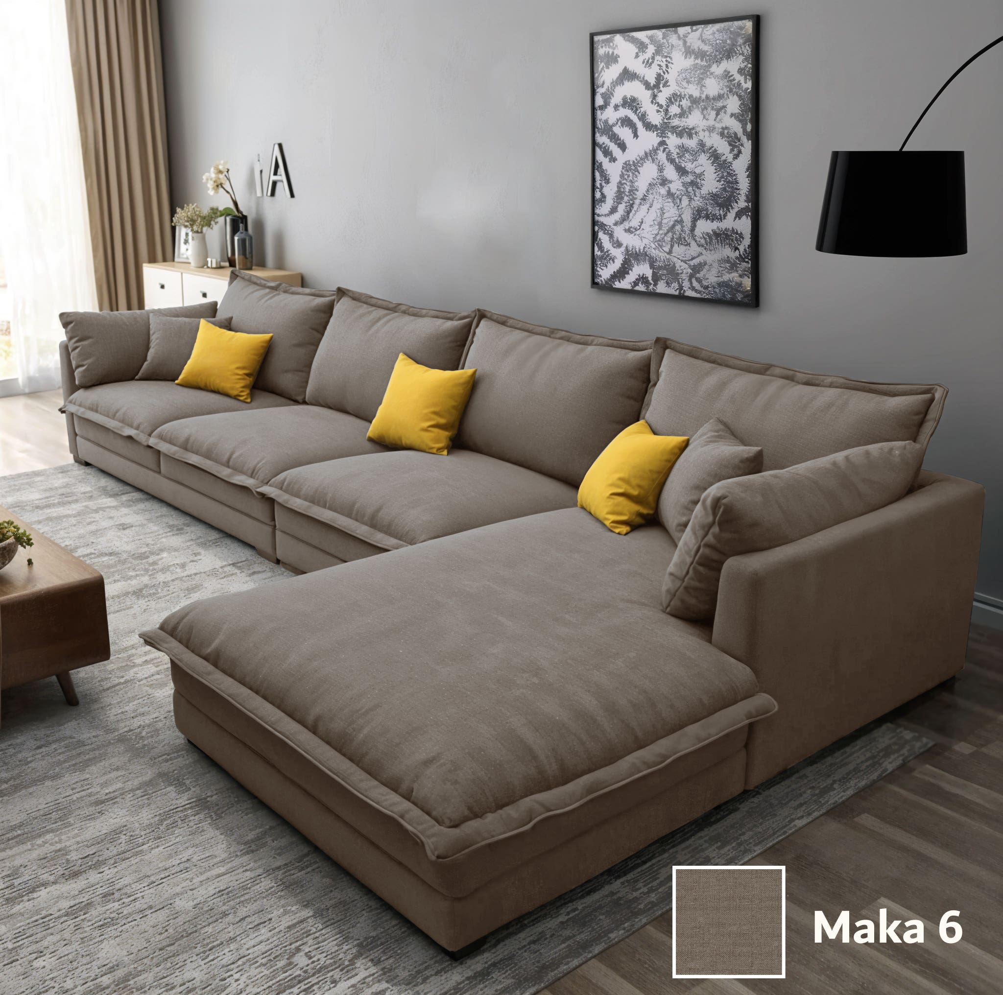 Two-piece L-shaped corner sofa, made of musk wood, and linen fabric, 300x200x80x70 cm - Brown